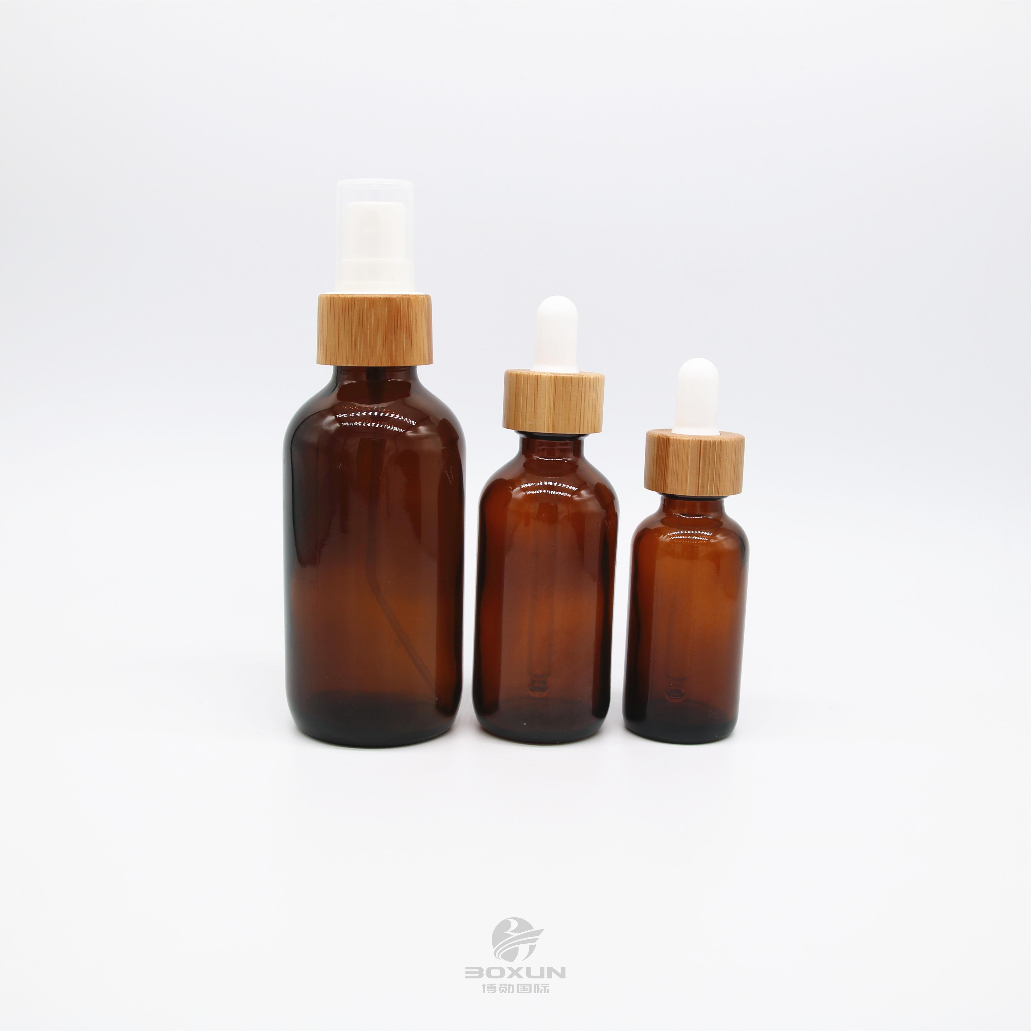 100ml 3oz amber glass bottle Boston bottle with bamboo wood parts can be used with bamboo wood lotion pump spray dropper